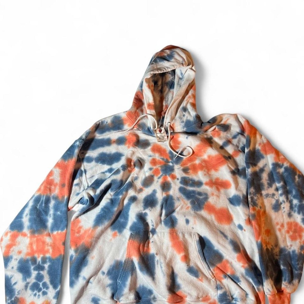 Hanes tie-dye hoodie with orange, blue, and white swirls in size L